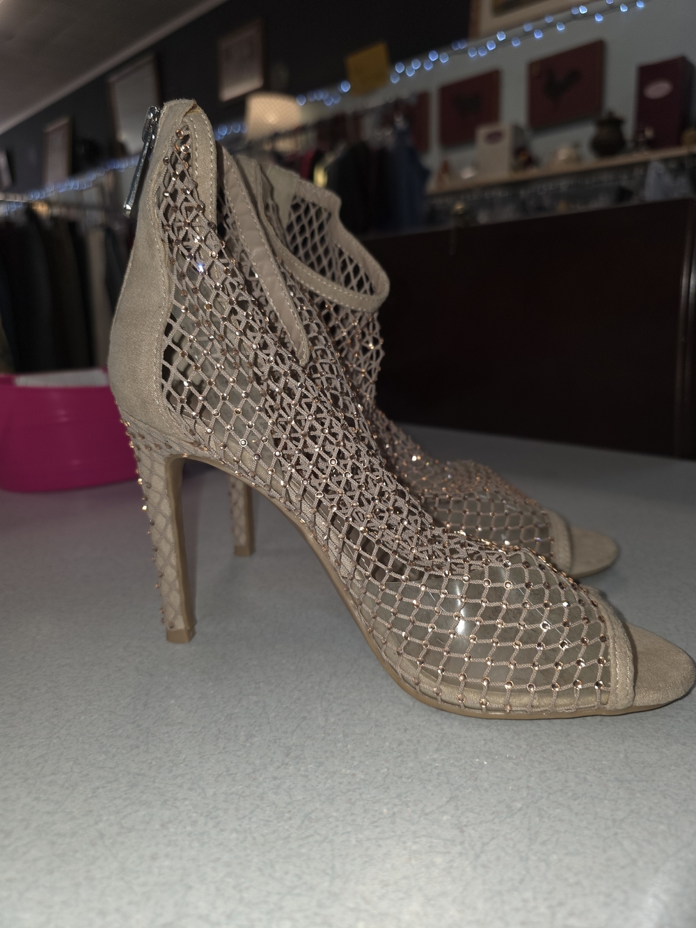 Charles Nude Mesh Open-Toe Rhinestone Heels